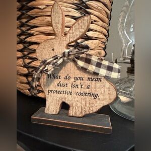 Wooden Bunny Table Decor with Black Plaid Bow. Cute lil decor piece.